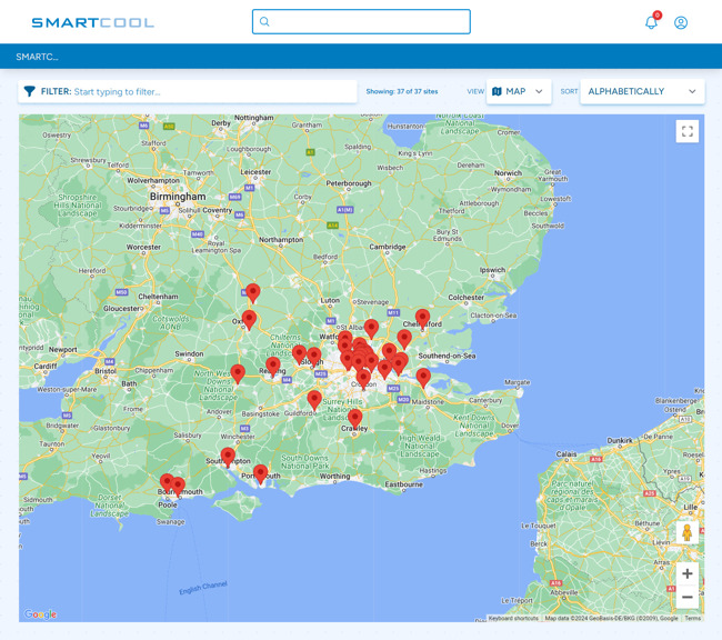 Smartcool Systems Device-level IOT Wireless Energy Monitoring Laravel Web App Development SP002 - Map View